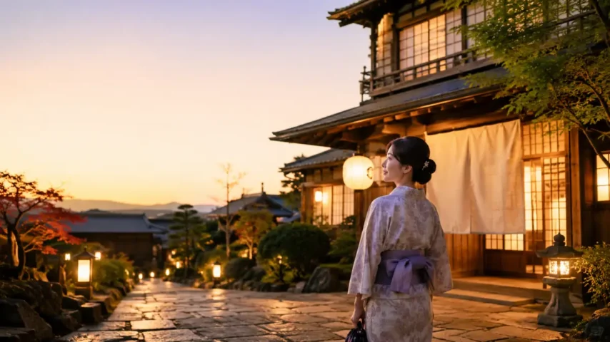 京都のおすすめ旅館と浴衣姿の女性 京都の旅館で浴衣を着た女性が夕暮れの石畳を歩くイメージ