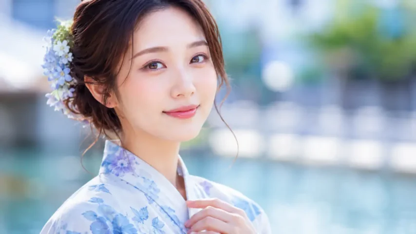 水色 浴衣 メイクで透明感と血色感を整えた日本人女性