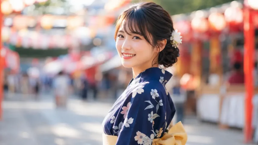 浴衣 紺色 かわいい印象の作り方 浴衣 紺色 かわいい印象の花柄浴衣と黄色帯