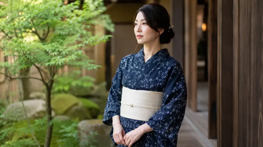 浴衣 紺色 大人の上品な着こなし 浴衣 紺色 大人の上品な着こなしをする日本人女性