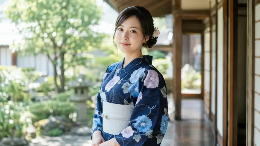 浴衣 紺色 朝顔柄の涼しげな印象 浴衣 紺色 朝顔柄を着た涼しげな日本人女性