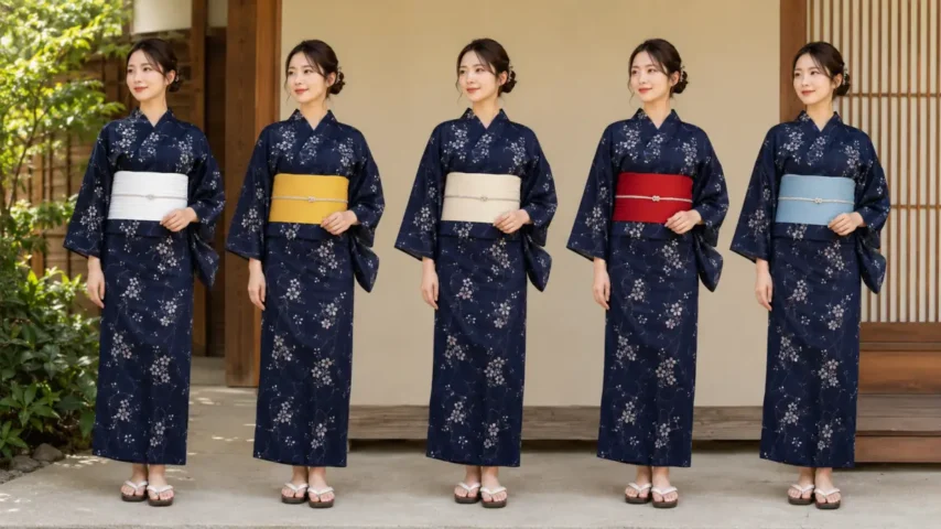 浴衣 紺色に合う帯の色比較 浴衣 紺色に合う帯の色を比較する日本人女性