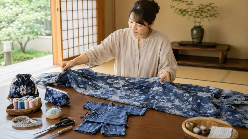 着なくなった浴衣を甚平や小物にリメイクするために状態を確認する日本人女性