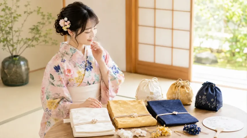 ピンクの浴衣に合う帯の色まとめ ピンクの浴衣に合う帯の色を白黄色紺で確認する日本人女性
