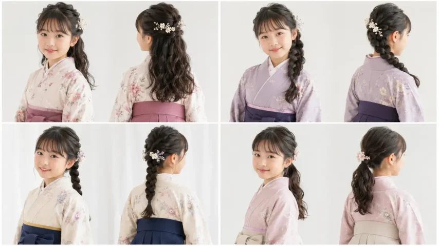 小学生 袴 髪型 人気のハーフアップ編み込み三つ編み