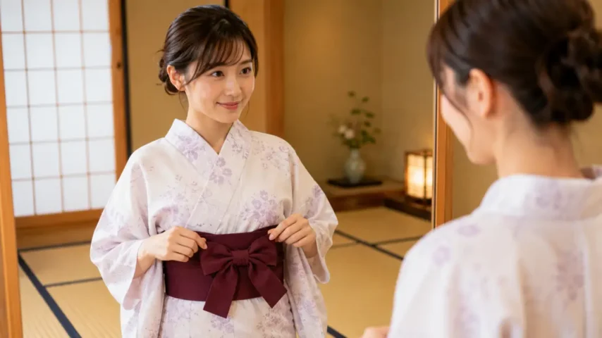 旅館浴衣の帯をかわいく結ぶ女性 旅館浴衣帯 結び方 かわいい方法を試す日本人女性