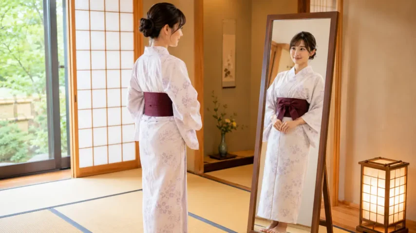 旅館浴衣の着方を確認する女性 旅館 浴衣の着方女のまとめを確認する日本人女性
