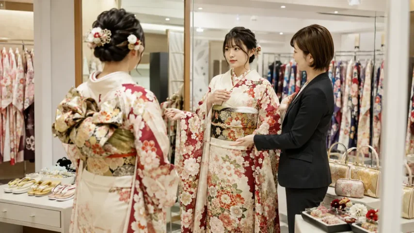 成人式の振袖レンタルをいつ決めるかスタッフに相談する日本人女性