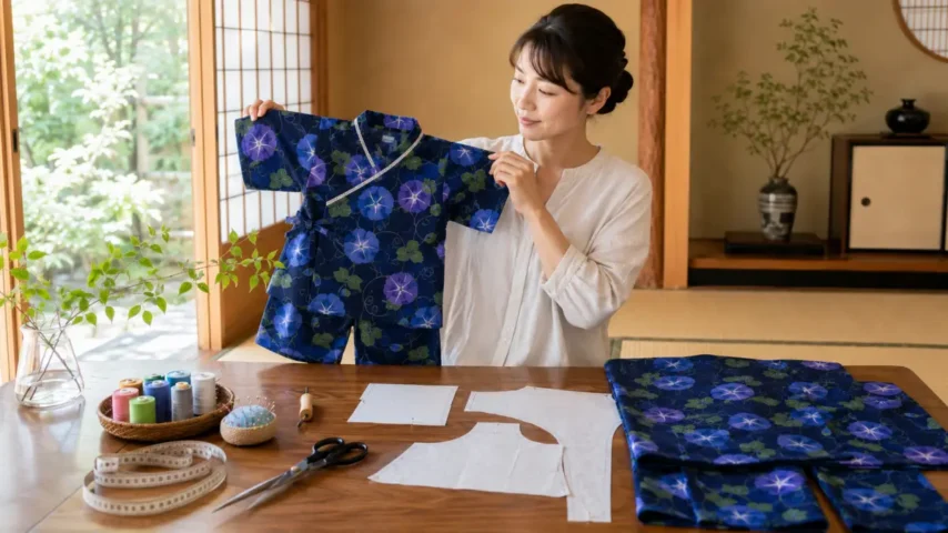 浴衣を甚平にリメイクして完成した甚平を持つ日本人女性