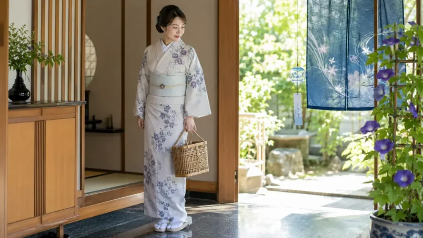 浴衣を着物として着る前に素材柄季節場所を確認する日本人女性