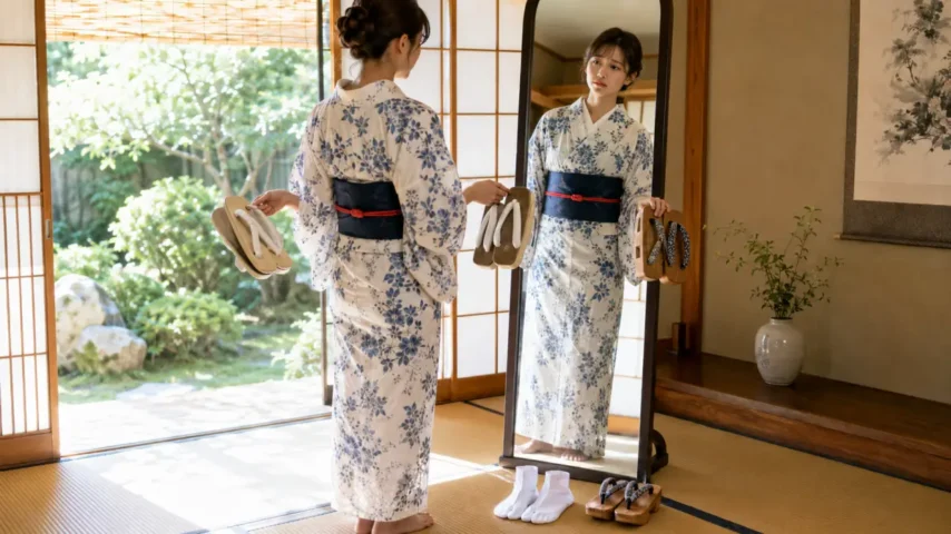 浴衣を着物として着る時にNGになりやすい半衿と足元の組み合わせ