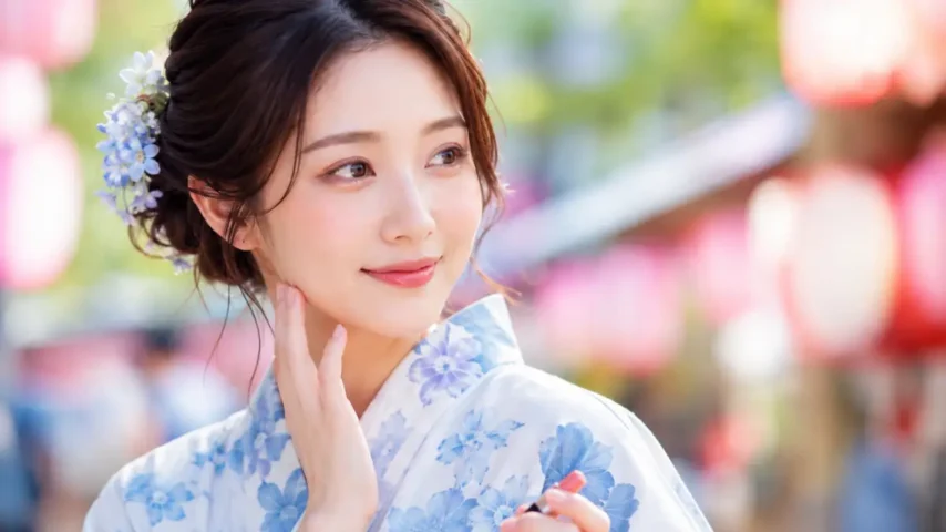 浴衣に合うメイクとして自然な血色感を足した日本人女性