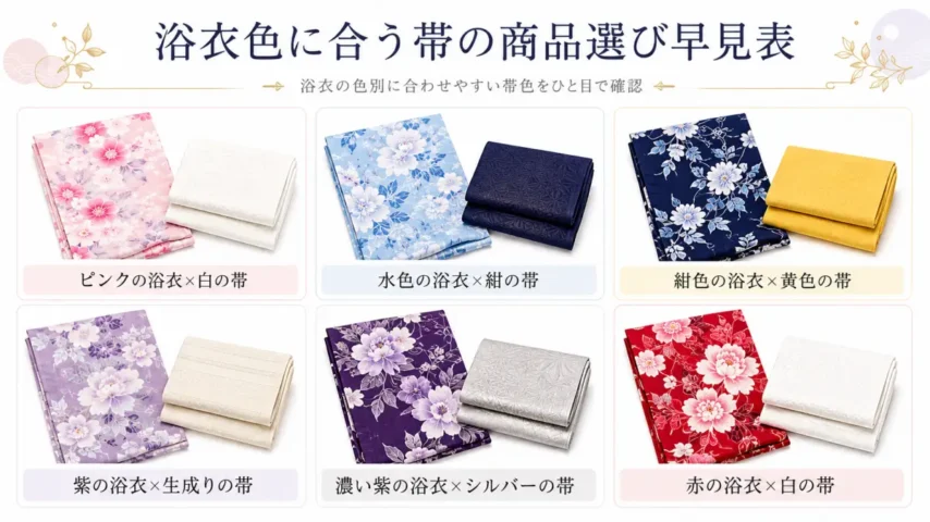 浴衣色に合う帯の商品選び早見表 ピンクや水色、紺色など浴衣色に合う帯の色を比較した早見表