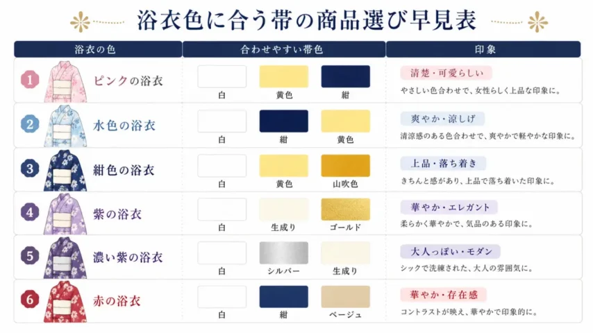 浴衣の色に合う帯選びガイド 浴衣の色ごとに合わせやすい帯色と印象をまとめた商品選び表