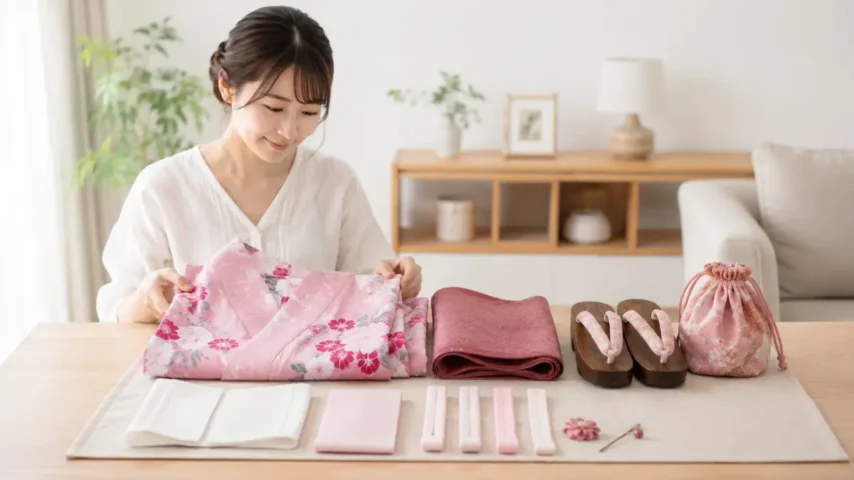 浴衣 ピンク 安いセット内容を確認する日本人女性