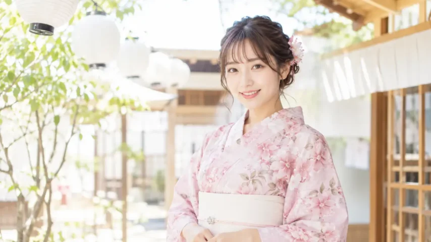 浴衣 ピンク かわいい花柄を着た日本人女性の夏コーデ