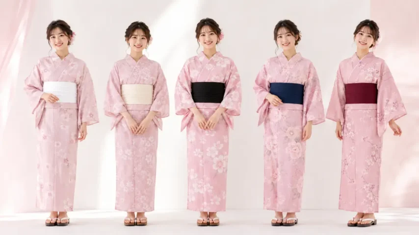 ピンクの浴衣に合う帯の色を比較する日本人女性のコーデ画像