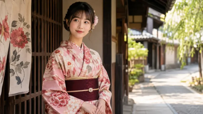 浴衣 ピンク レトロ柄を着た日本人女性の大正ロマン風コーデ