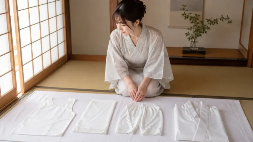 夏着物 襦袢透ける対策として下に着るものを並べた説明イメージ