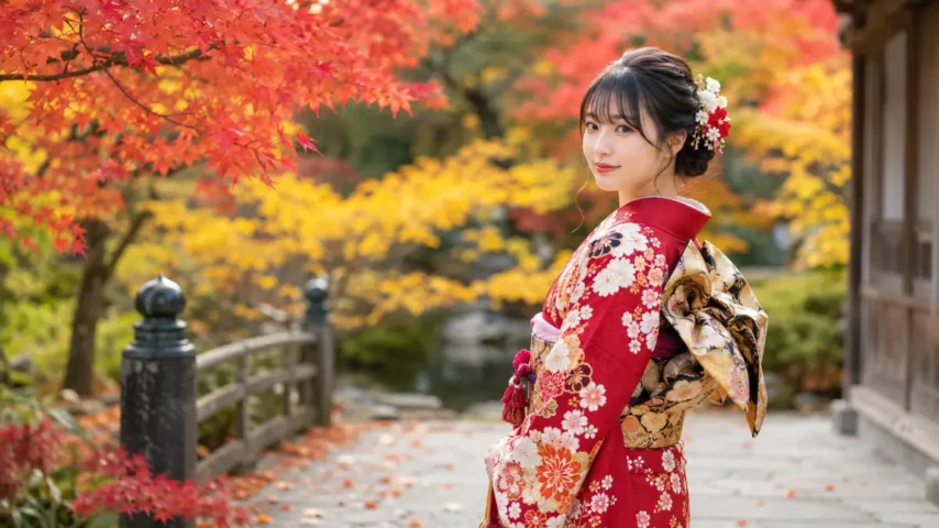 紅葉を背景にした秋の成人式前撮りイメージ 成人式の前撮りいつで悩む人向けの秋の紅葉ロケーション撮影イメージ