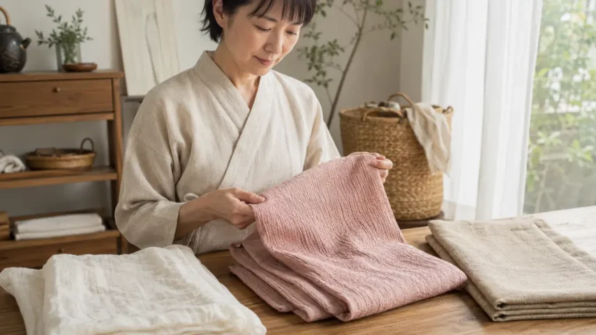 コットン作務衣 女性 かわいい生地を比較する日本人女性