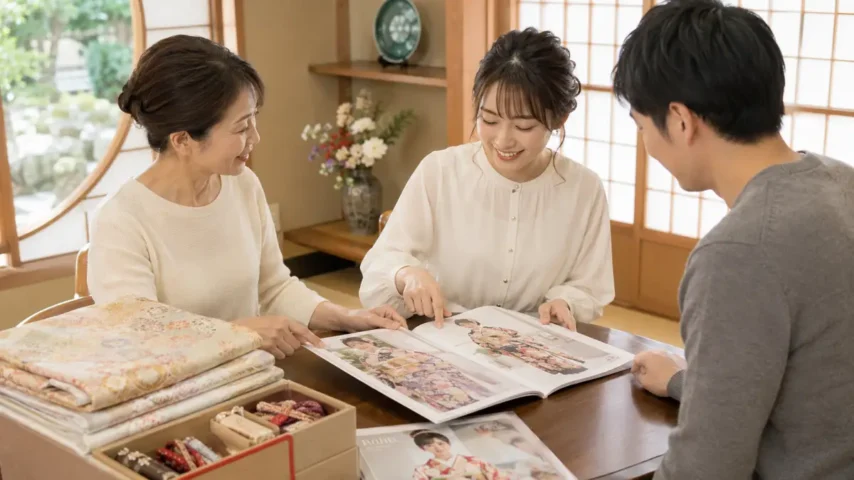 既婚者が成人式の振袖について家族と相談する様子