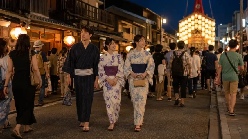 祇園祭の宵山を浴衣で歩くときの注意点 祇園祭に浴衣で行く日本人の男女が宵山の混雑を安全に歩く様子