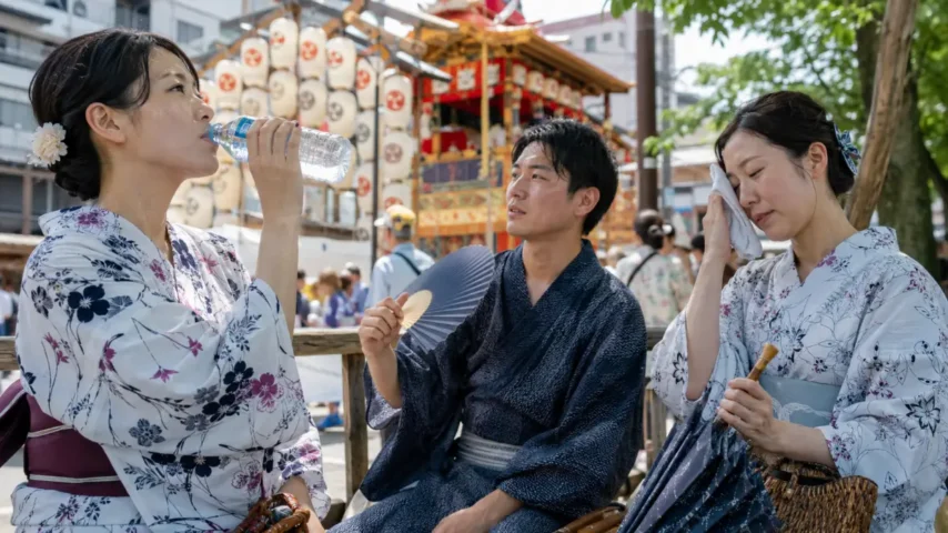 祇園祭で浴衣を着るときの暑さと雨対策 祇園祭に浴衣で行く人が水分補給や日陰での休憩を行う暑さ対策