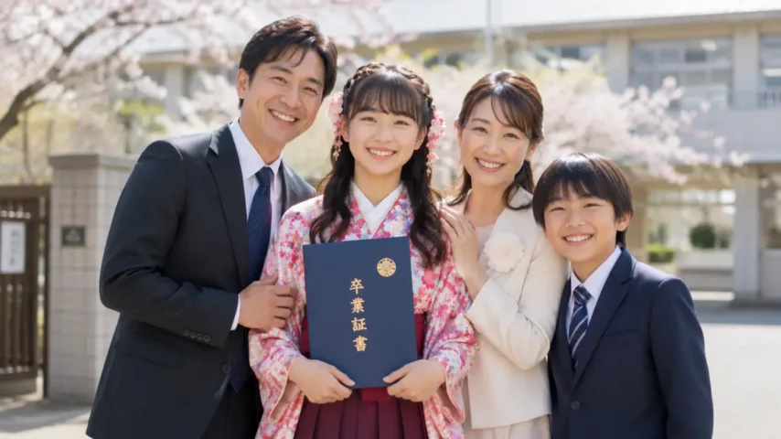 小学生 卒業式 袴髪型で笑顔の女の子
