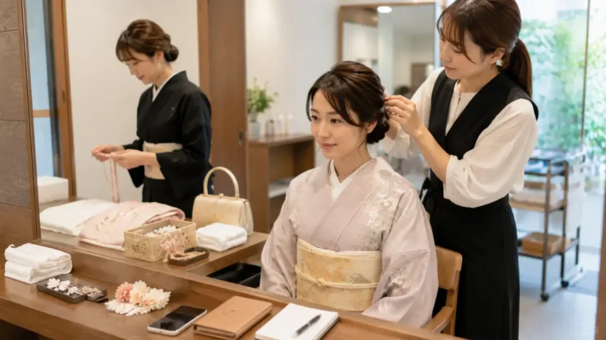 着付けやヘアセットなど追加料金を確認 京都着物レンタル夢館の着付けやヘアセットなど追加料金を確認する女性