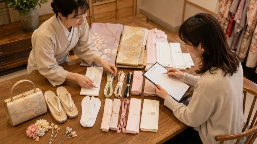 着物レンタルの料金とセット内容を確認 京都着物レンタル夢館の料金と着物セット内容を確認する日本人女性
