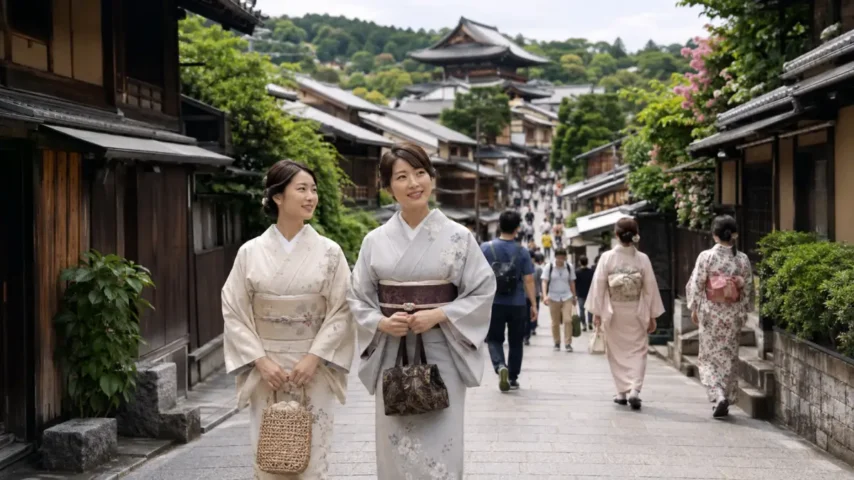 京都 着物 浮く心配が少ない祇園や東山の観光地を歩く日本人女性