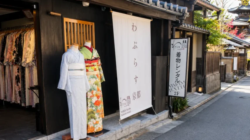 京都の町並みにある着物レンタル店 京都の町家風店舗に着物が並ぶ京都着物レンタル店の外観