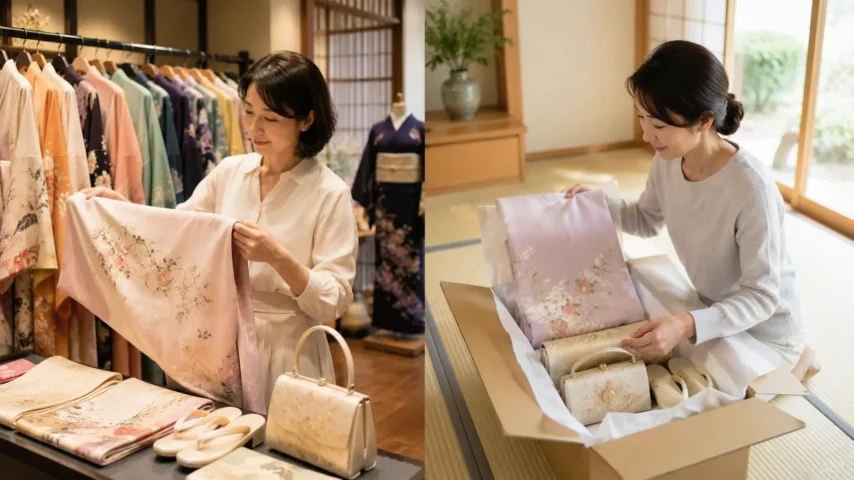 着物レンタルの店舗利用と全国宅配を比較 京都着物レンタル夢館の店舗利用と全国宅配を比較する日本人女性