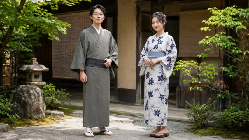 男性の夏着物と浴衣の比較イメージ 夏着物と浴衣の違いを男性の装いで比較した画像