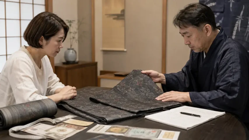 大島紬の一般的な買取価格を確認する場面 着物買取相場 大島の一般的な買取価格を確認する査定風景