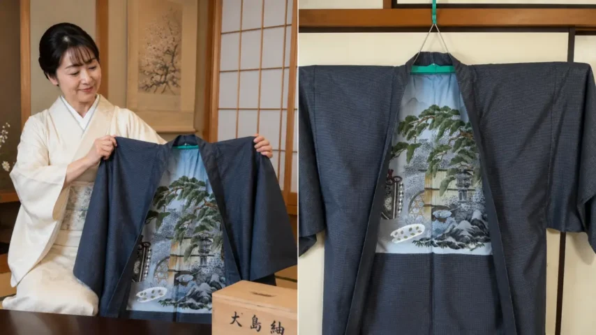 運営者が所有する大島紬の全体と松や庭園が描かれた裏地を2画面で紹介