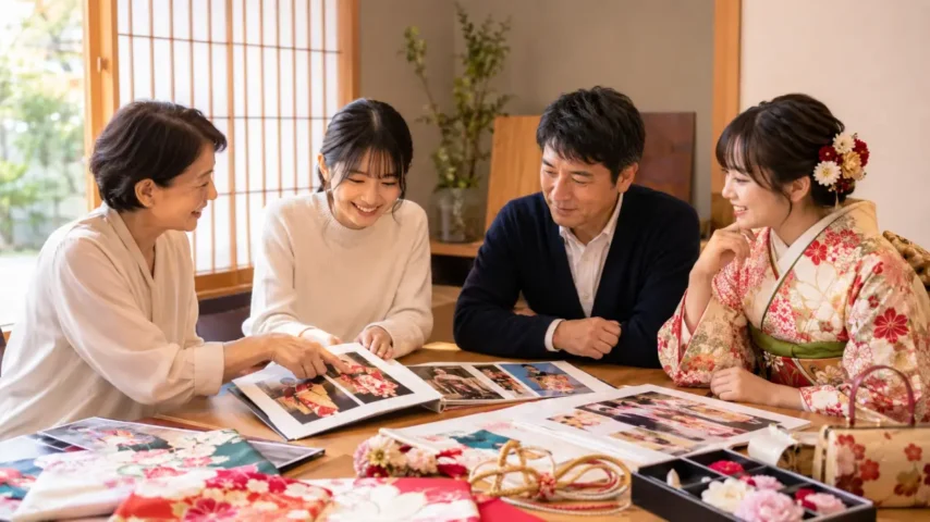 成人式の前撮り時期を家族と考えるまとめイメージ 成人式の前撮りいつか迷う人向けの家族相談イメージ