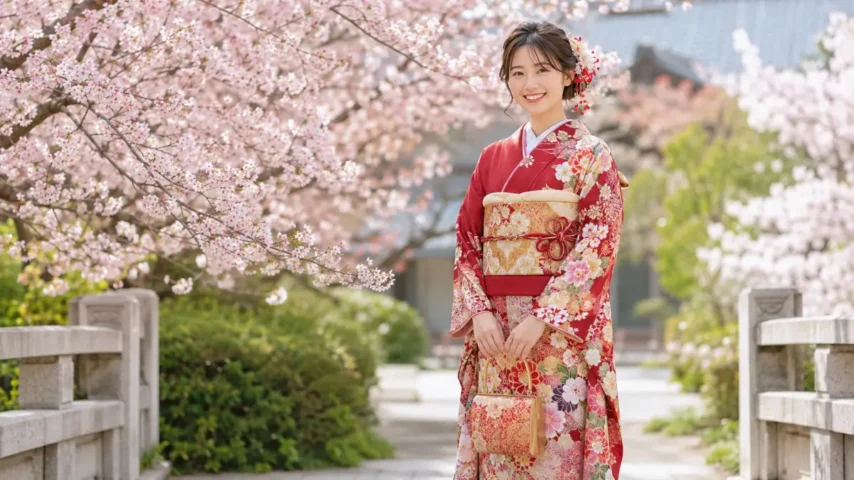 春の桜を背景にした成人式の前撮りイメージ 成人式の前撮りいつで迷う人向けの春の桜ロケーション撮影イメージ