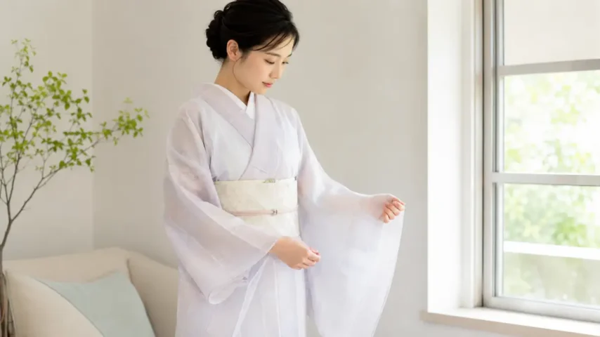 夏着物 襦袢透ける状態で長襦袢が自然に見える日本人女性