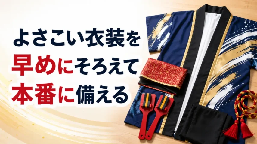 よさこい衣装を早めに準備するポイント よさこい衣装と鳴子を早めに準備して本番に備えるイメージ