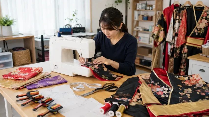 よさこい衣装を手作りする基本工程 よさこい 祭り衣装を手作りする日本人女性の作業風景