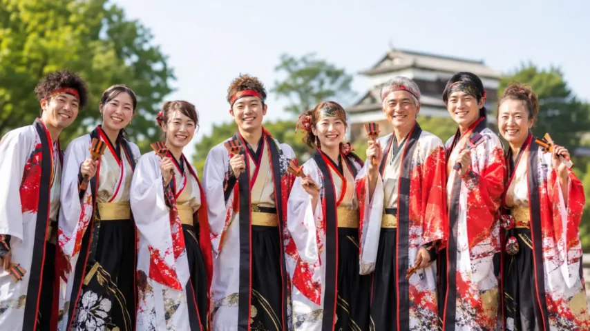 よさこい祭り衣装選びのまとめ よさこい 祭り衣装を着た日本人の男女が笑顔で並ぶまとめ用イメージ