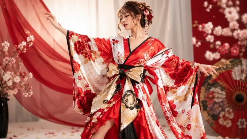 華やかなよさこい祭り衣装 赤と白の華やかな和柄よさこい衣装を着て演舞する女性