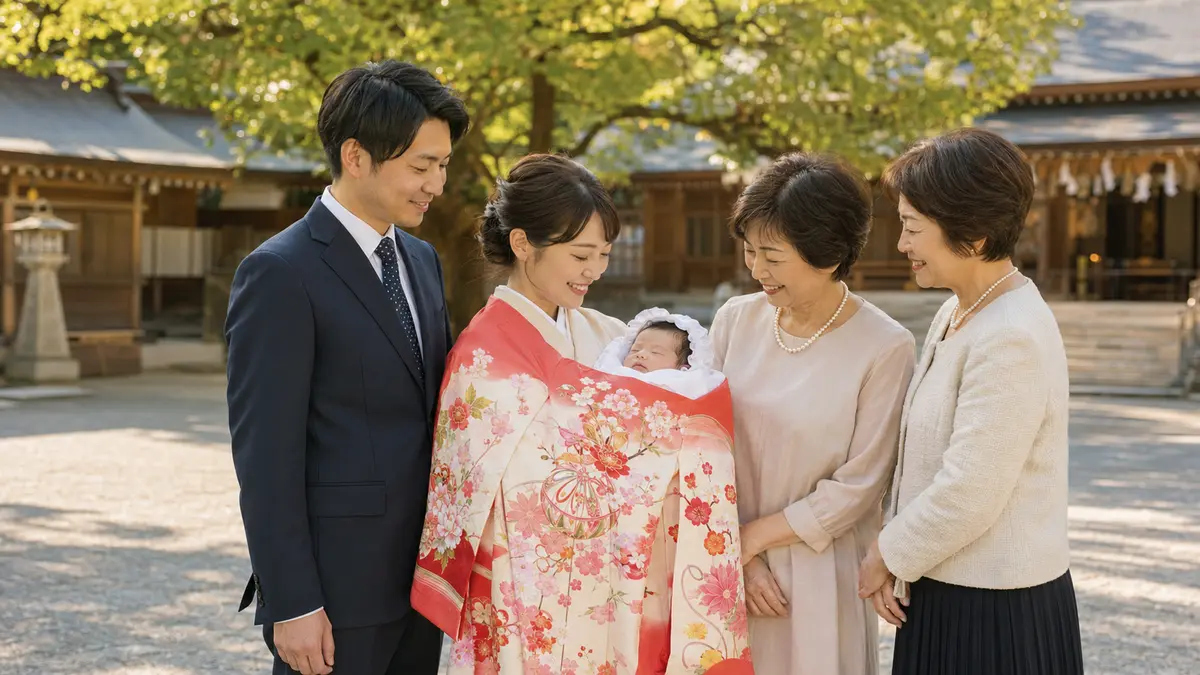 正しい産着の掛け方でお宮参りを終えた家族 お宮参りで女の子の産着を正しく掛けた赤ちゃんと日本人家族