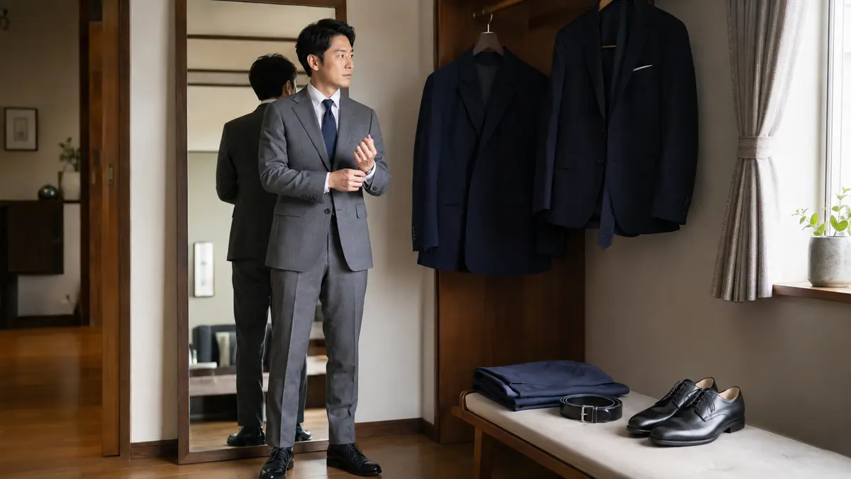 七五三 前撮り 親 服装としてグレースーツを整える父親