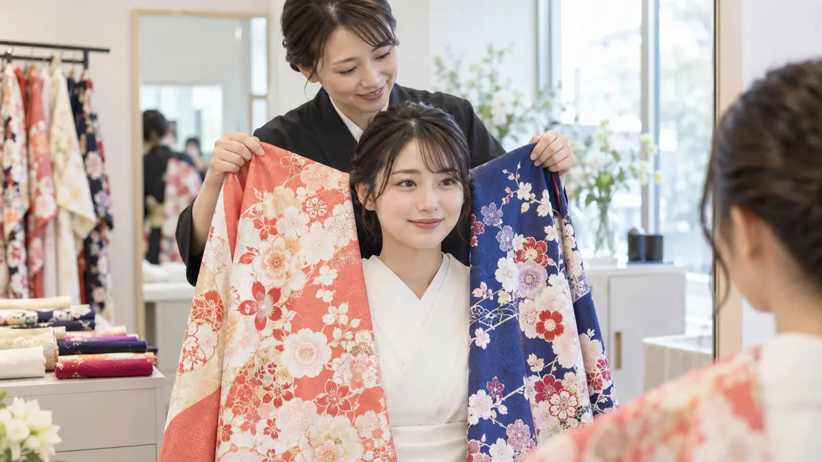 成人式の振袖で似合う色を暖色と寒色の生地で診断する日本人女性