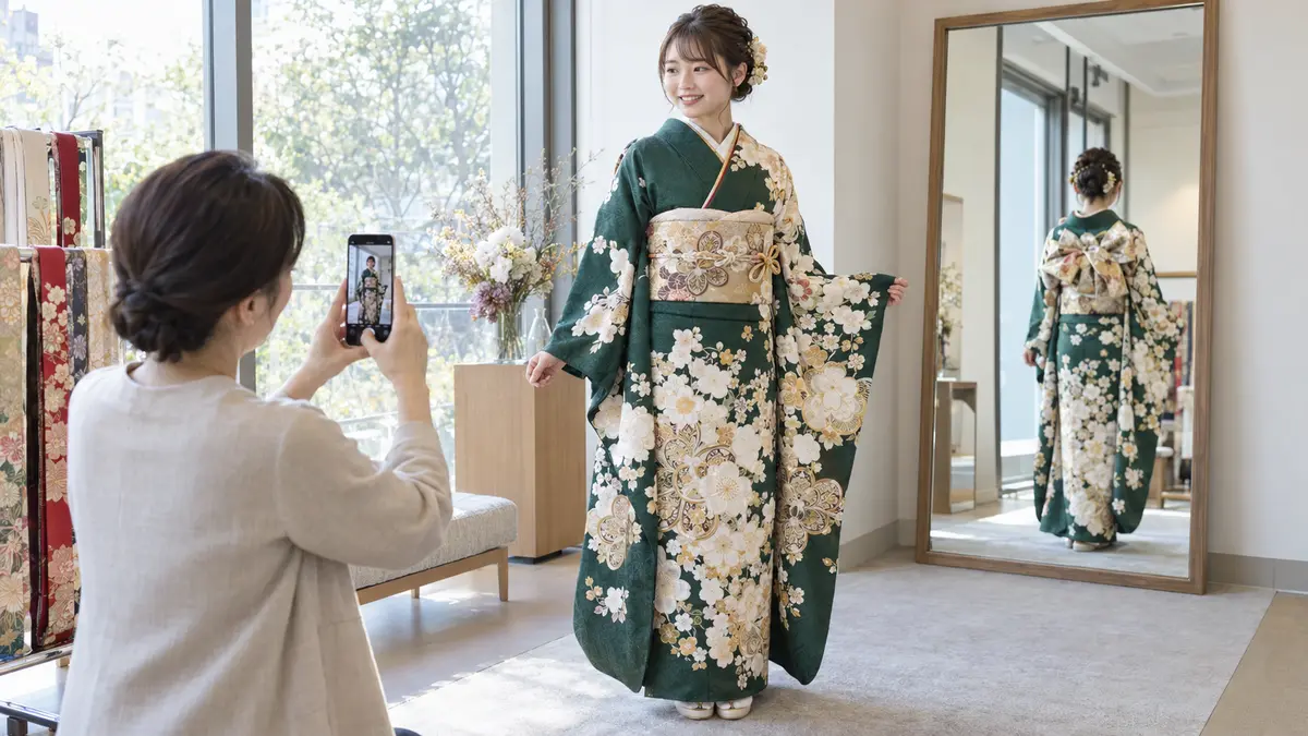 深緑の振袖を自然光とスマホ写真で確認する試着風景