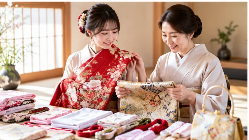 成人式のママ振で必要なものを確認する日本人の母娘