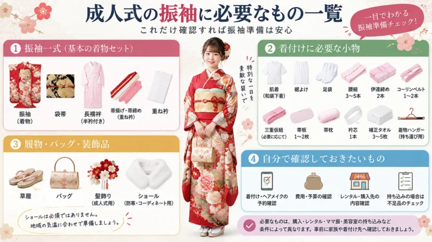 成人式の着物に必要なものを一覧で確認できる振袖準備の図解